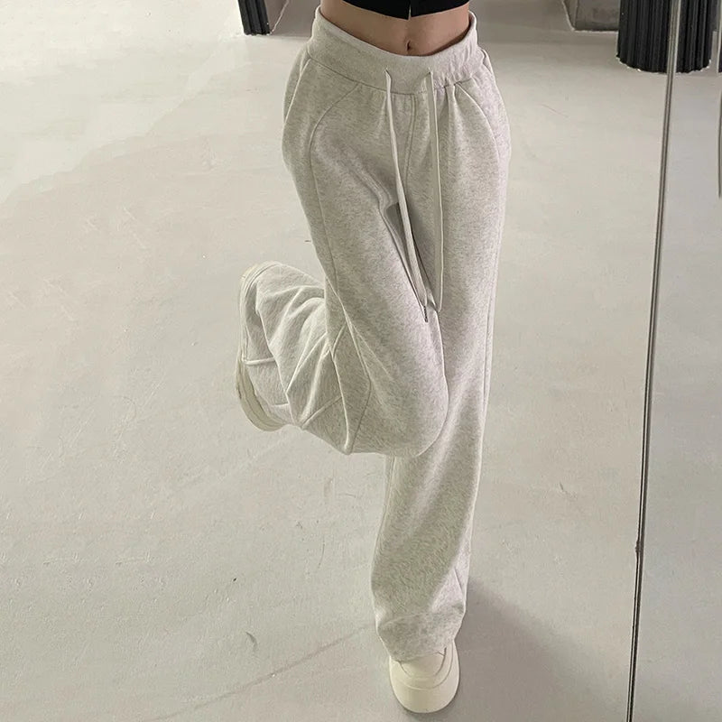 Pantalon de sport élastique pour femmes, basique, blanc, gris, noir, jambes larges, droit, polyvalent, taille haute, survêtement