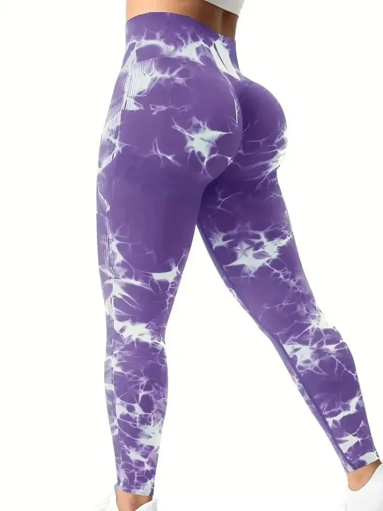 Collants femmes cravate colorant Leggings taille haute ascenseurs bout à bout contrôle du ventre Push Up sans couture pantalons de Yoga dames entraînement vêtements de sport