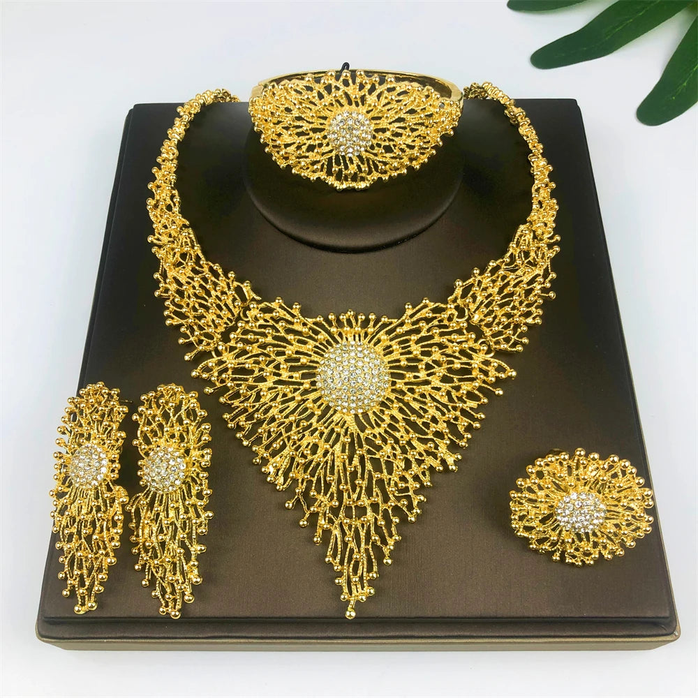 Ensembles de bijoux plaqués or 18 carats pour femmes, collier design de luxe, boucles d'oreilles, bracelet et bague, ensemble complet, haute qualité, tendance