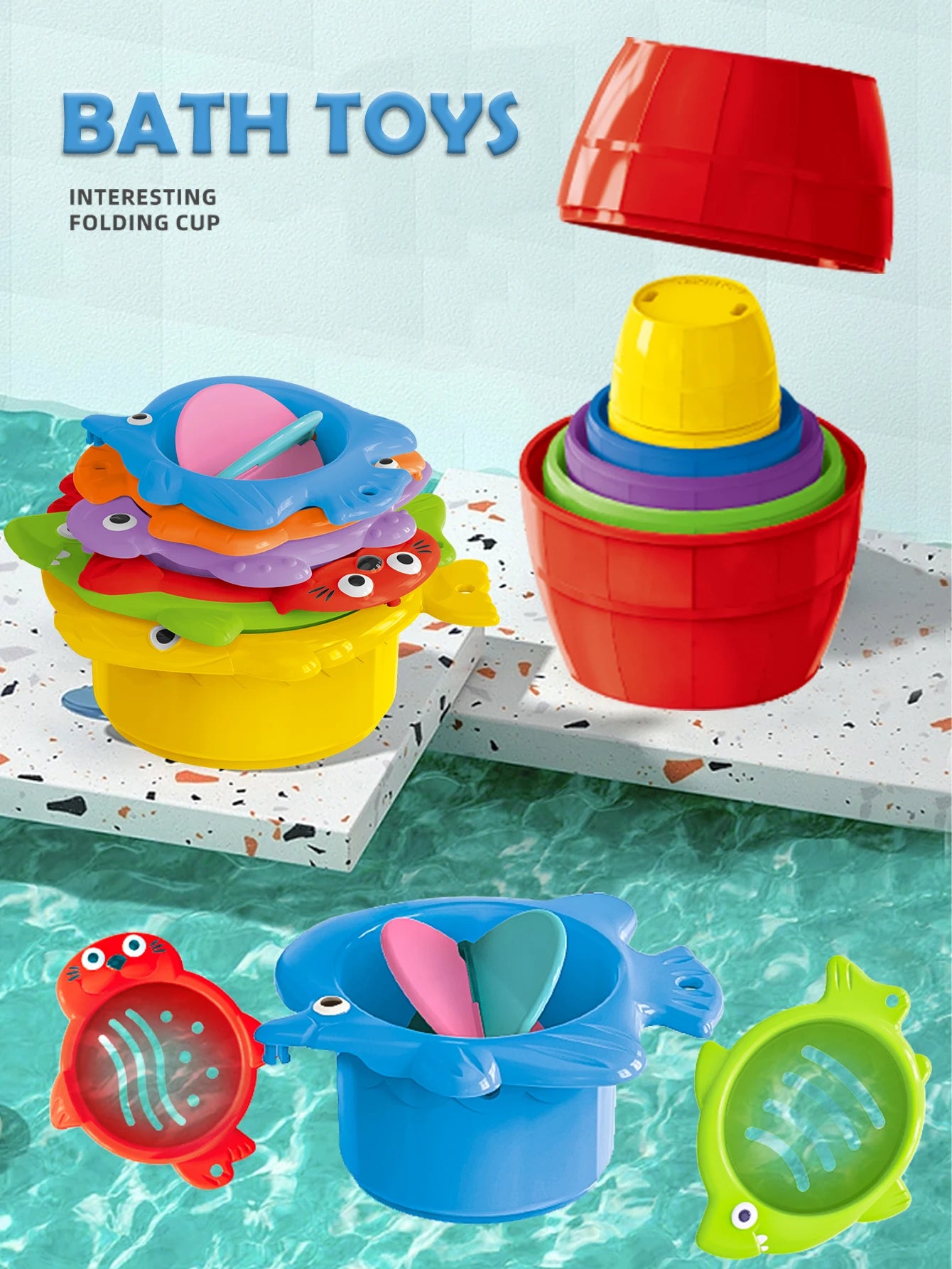 Jouets de bain pour bébé, tasse empilable, jouet pour tout-petits, couleurs aléatoires, tour empilable océan, baignoire, eau, plage, jeu de salle de bain, cadeaux