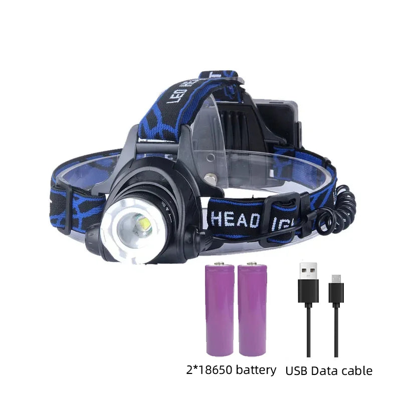 Lampe frontale LED puissante, Rechargeable par USB, télescopique, Zoomable, pour l'extérieur, étanche, lampe frontale de travail, haute luminosité