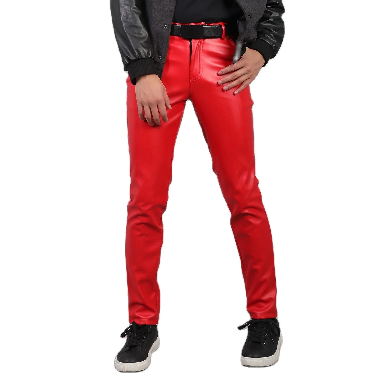 Pantalon en cuir PU pour hommes, Slim, à la mode, rouge, bleu, noir, gris, blanc, nouvelle collection 2024