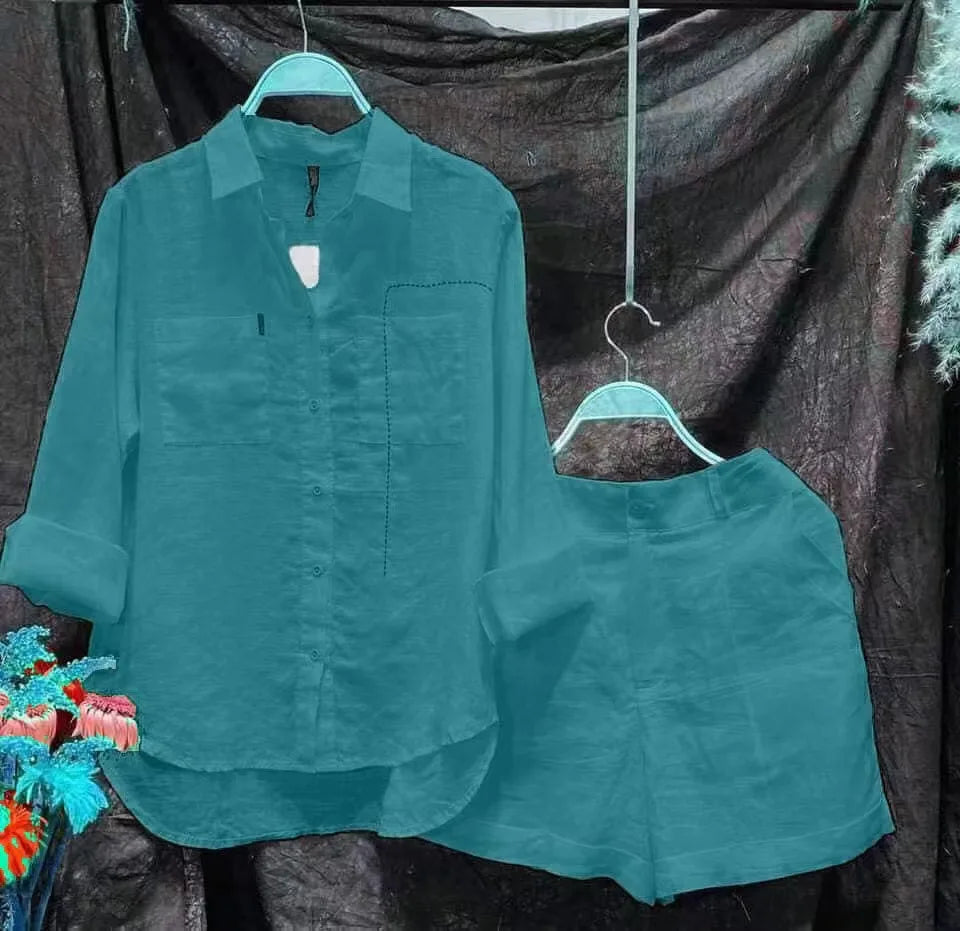 Ensemble d'été 2 pièces en coton et lin pour femmes, chemise et short blancs à manches longues, à la mode, pour la maison, survêtement, 2024