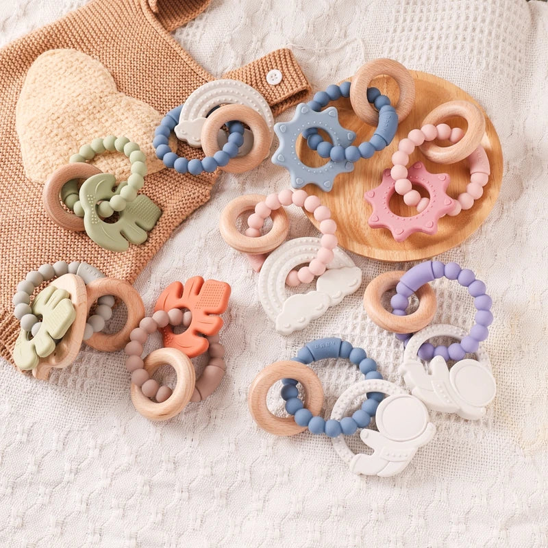 Anneau de dentition en Silicone pour bébé, 1 pièce, sans BPA, Bracelet en Silicone, feuille, jouets de dentition, anneau en bois, dent d'allaitement, jouets cadeaux pour nouveau-né