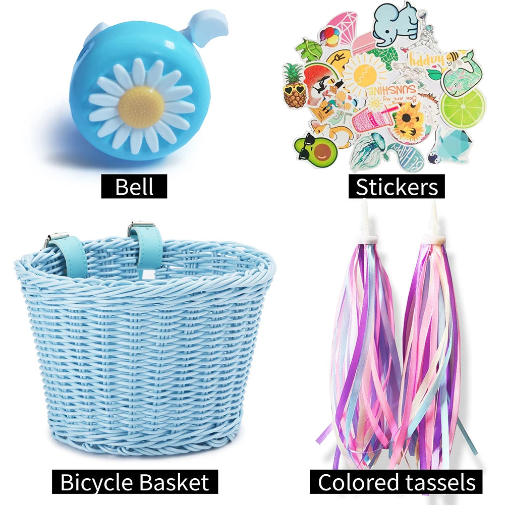 Mir de vélo en rotin tissé à la main pour enfants, ensemble de cloche, pompon, autocollants, guidon avant, accessoires de vélo