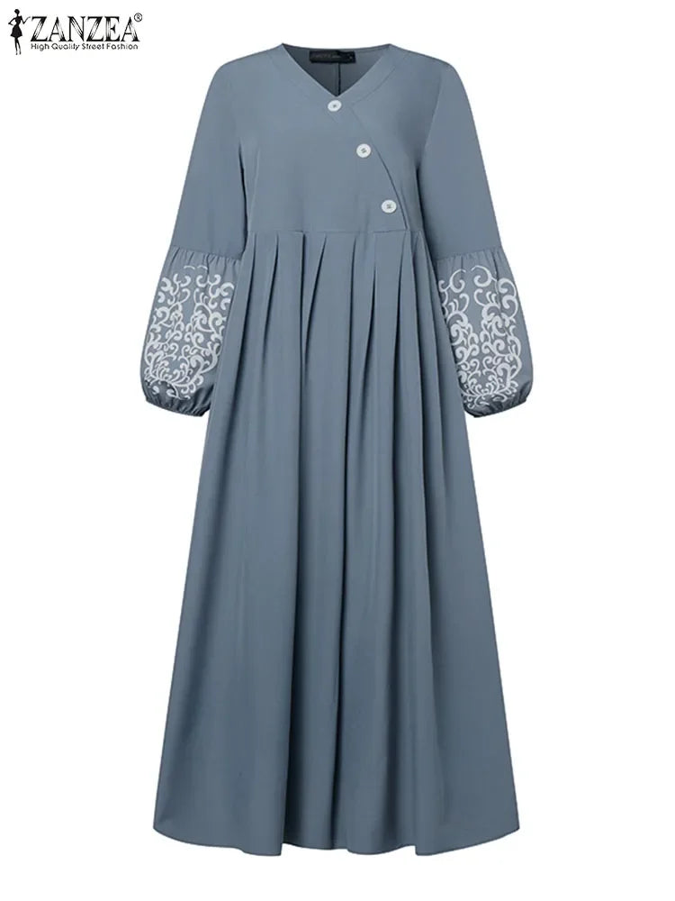 Muslim Hijab Dresses Abaya Eid Mubarek Long Dress 2025 ZANZEA Elegant Women's Long Sleeve Maxi Summer Dress Loose Kaftan Dresses