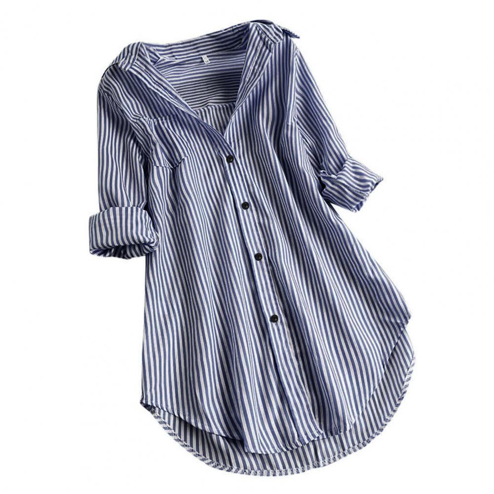 Chemisier Tunique Femme Rayé à Manches Longues Col V Mi-long Col Rabattu Coupe Ample Décontracté Élégant Été Tailles M-4XL