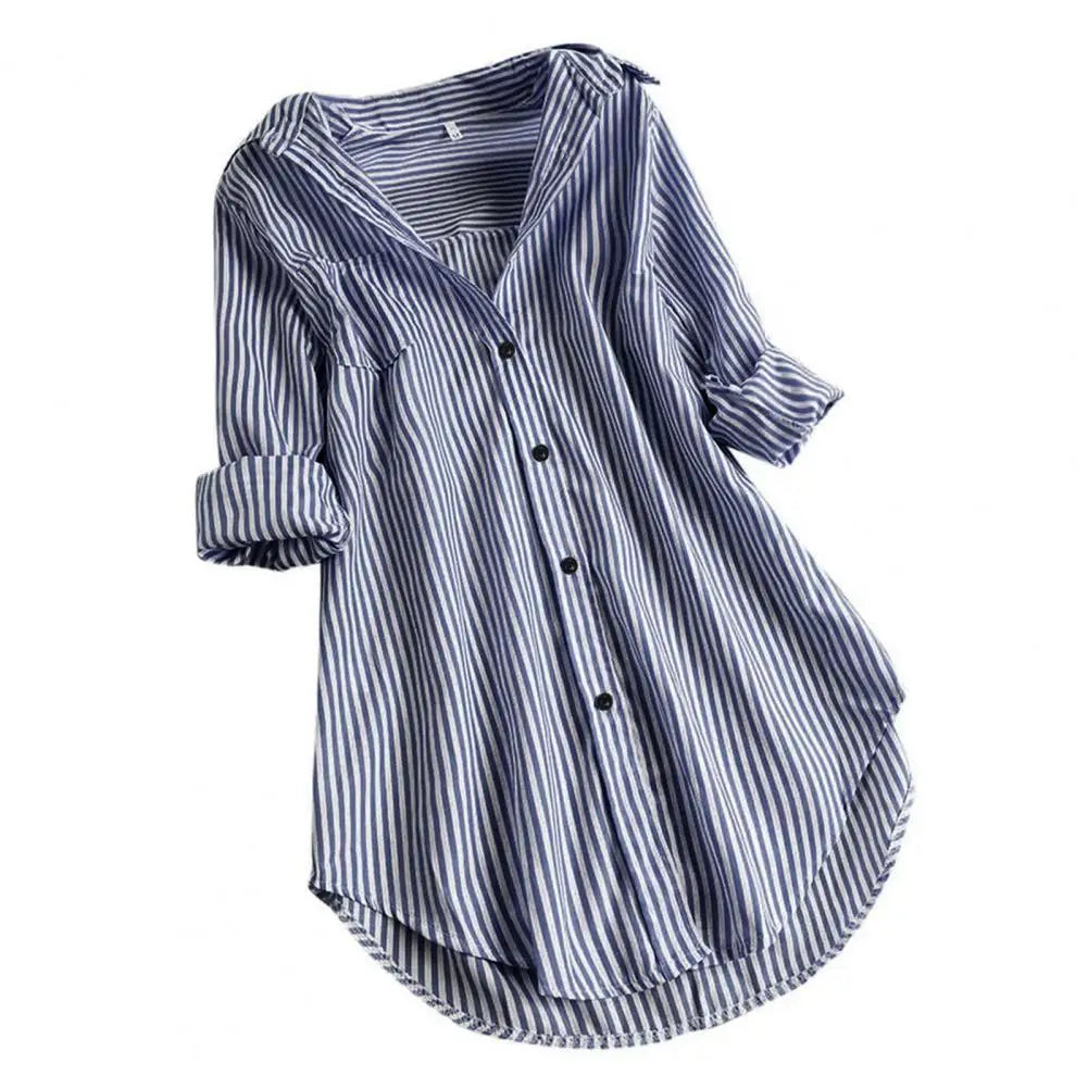 Chemisier Tunique Femme Rayé à Manches Longues Col V Mi-long Col Rabattu Coupe Ample Décontracté Élégant Été Tailles M-4XL