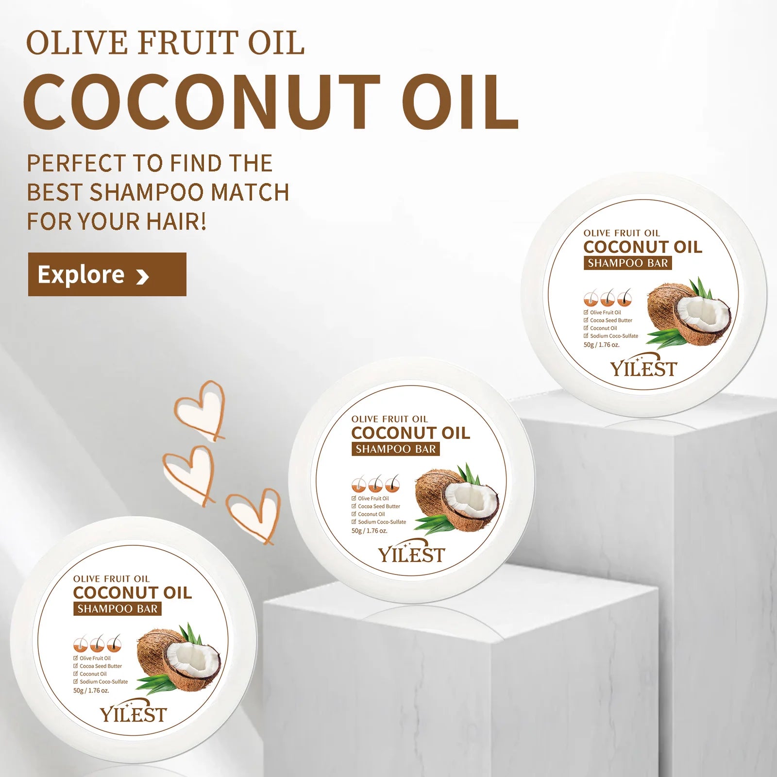 Shampoing à l'huile de noix de coco naturelle biologique, savon solide fait à la main, nourrit les cheveux, Anti-frisottis, assombrissant, renforcement des cheveux, soins capillaires