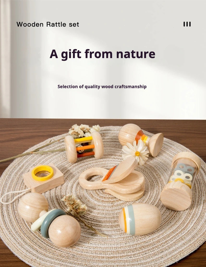 Ensemble de jouets en bois pour nourrissons et tout-petits, jouets d'écoute et de préhension, hochets, barils de pluie, hochets, cadeaux de vacances pour bébé, 7 pièces