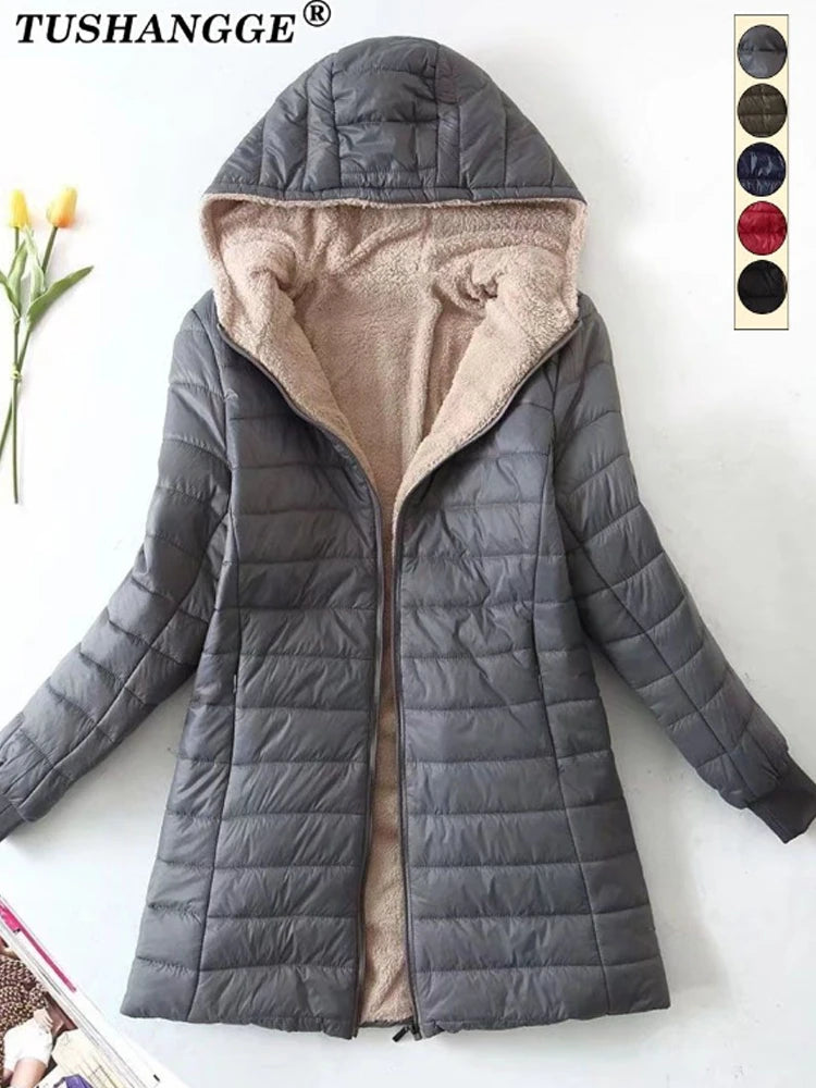 New Korean edition mid-length hooded women's jackets autumn winter mid-length office cotton warm coats lamb fleece parkas