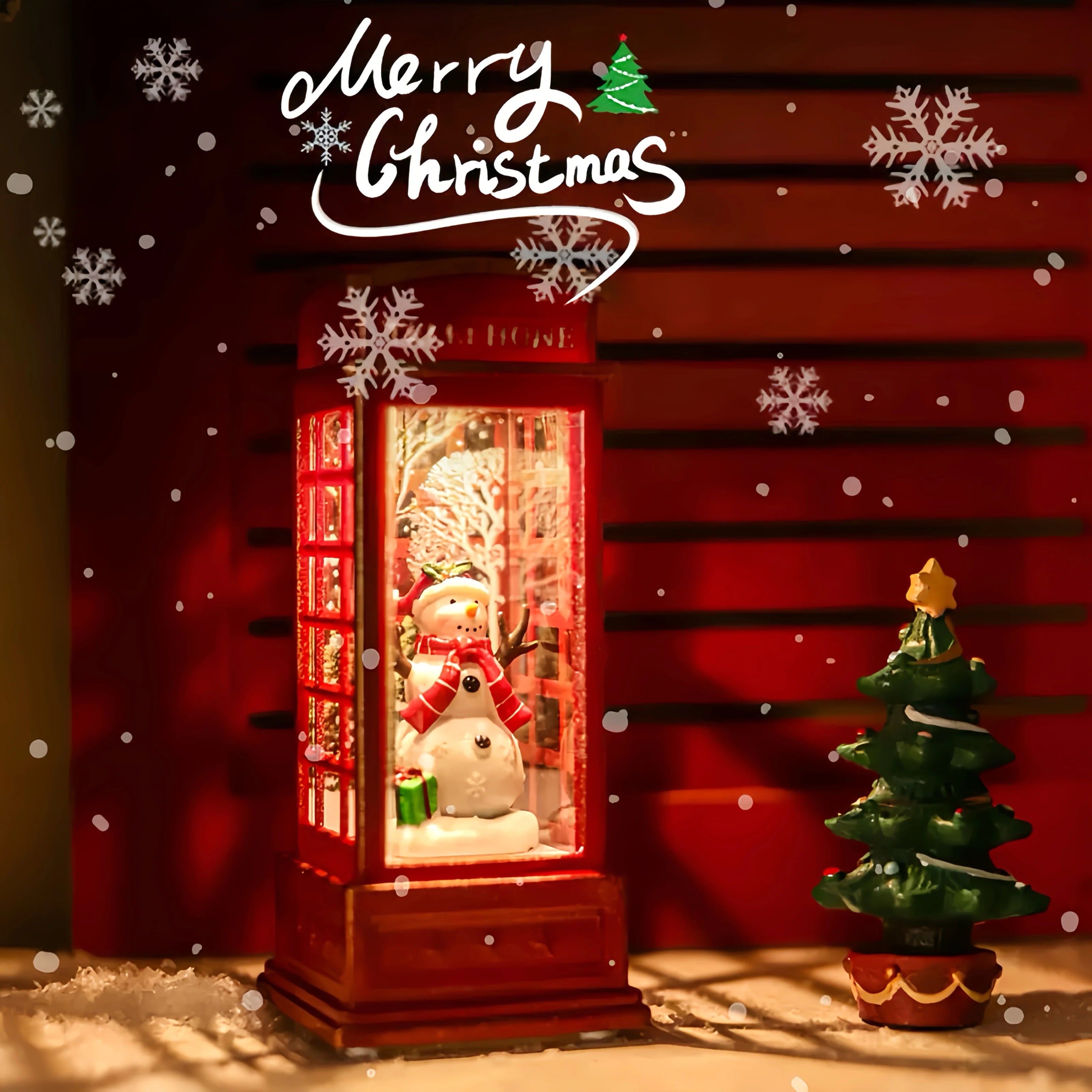 Décoration de cabine téléphonique de noël avec père noël, bonhomme de neige et arbre-ornement de cabine téléphonique rétro rouge avec décoration légère pour la maison