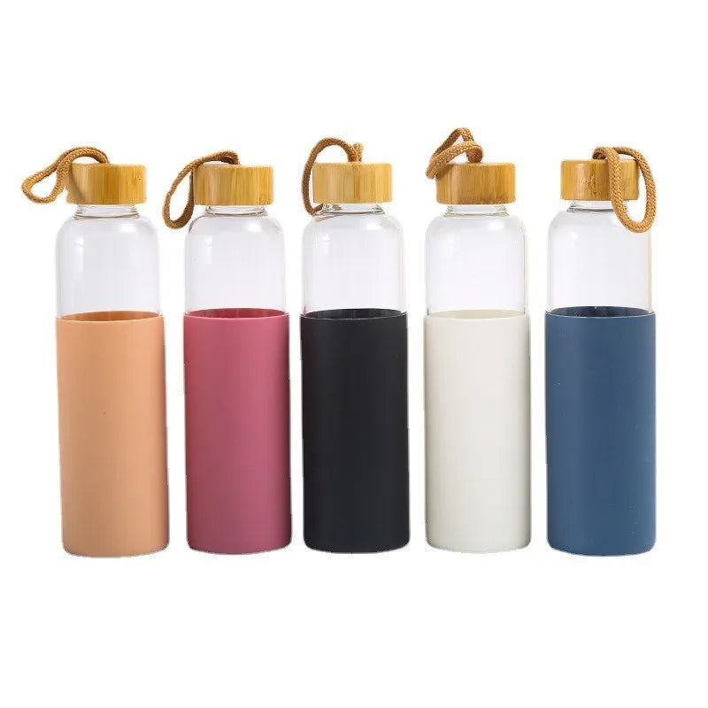 Bouteille d'eau en verre de 500ml, avec manchon en Silicone résistant à la chaleur, petite bouche, bouteilles portables anti-fuite avec poignée
