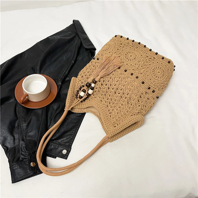 Sac à main tissé de grande capacité, sac à bandoulière ajouré, fourre-tout en Crochet, fourre-tout bohème tissé pour femmes, sacs de Shopping tricotés
