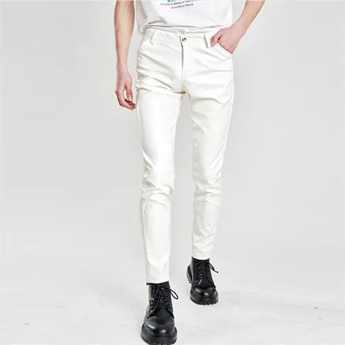 Pantalon en cuir PU pour hommes, Slim, à la mode, rouge, bleu, noir, gris, blanc, nouvelle collection 2024