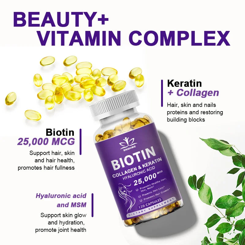 Supplément de biotine au collagène avec hyalurine et kératine-vitamines pour la croissance des cheveux- femmes et hommes-B1B2 B3B6B12-ongles et peau-multi-vitamines