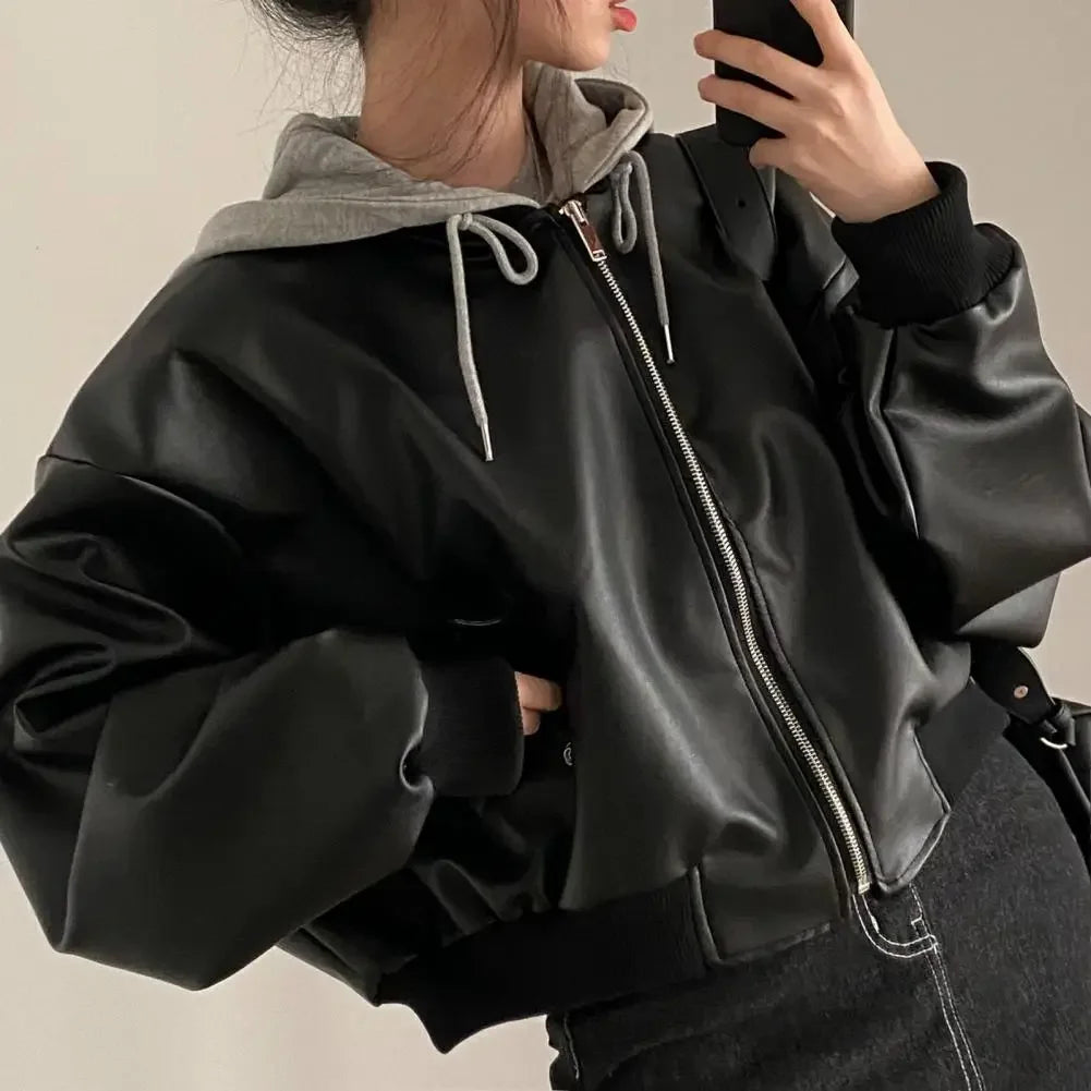 Women's Two-Piece PU Faux Leather Hooded Jacket, Short, Vintage, Casual, Fashionable, Spring/Autumn 2025