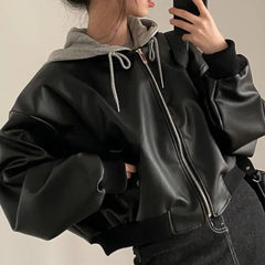 Women's Two-Piece PU Faux Leather Hooded Jacket, Short, Vintage, Casual, Fashionable, Spring/Autumn 2025