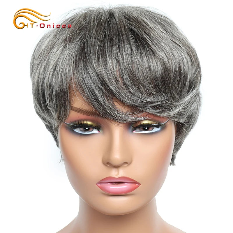 Cheap short human hair wigs, bob pixie cut human hair wig for women, Brazilian hair human hair wig, colored wig with bangs