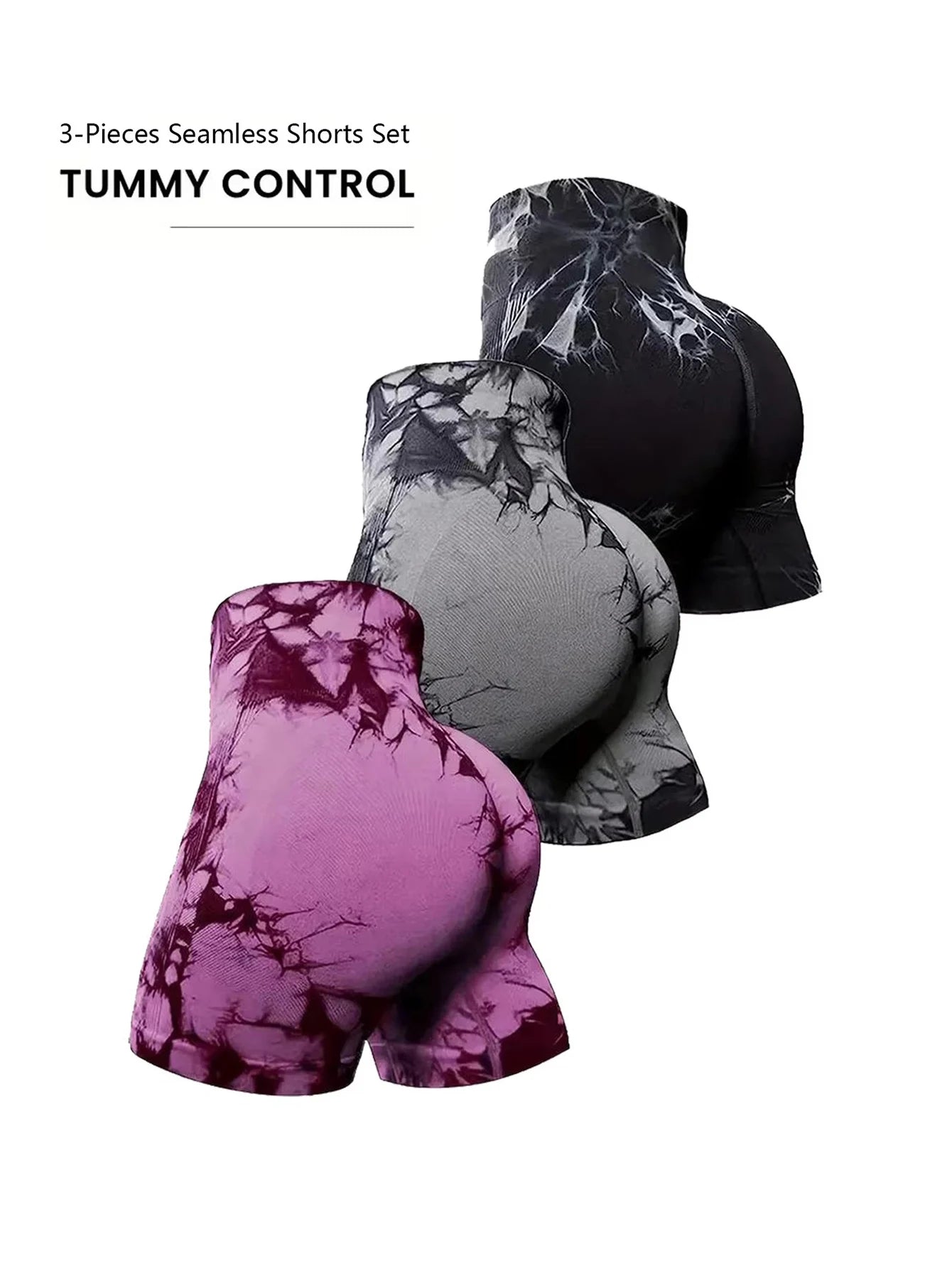 Women's 3-Piece Workout Shorts, Tie-Dye, Crinkled, Butt Lifting, High Waist, Yoga, Gym, Seamless Booty, Biker, Activewear