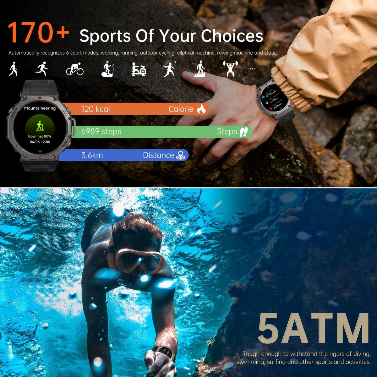 Montre intelligente militaire T-Rex, 3 GPS intégrés, boussole, altimètre, barométrique, 5iko, IP69K, étanche, AMOLED, appel Bluetooth, montre intelligente
