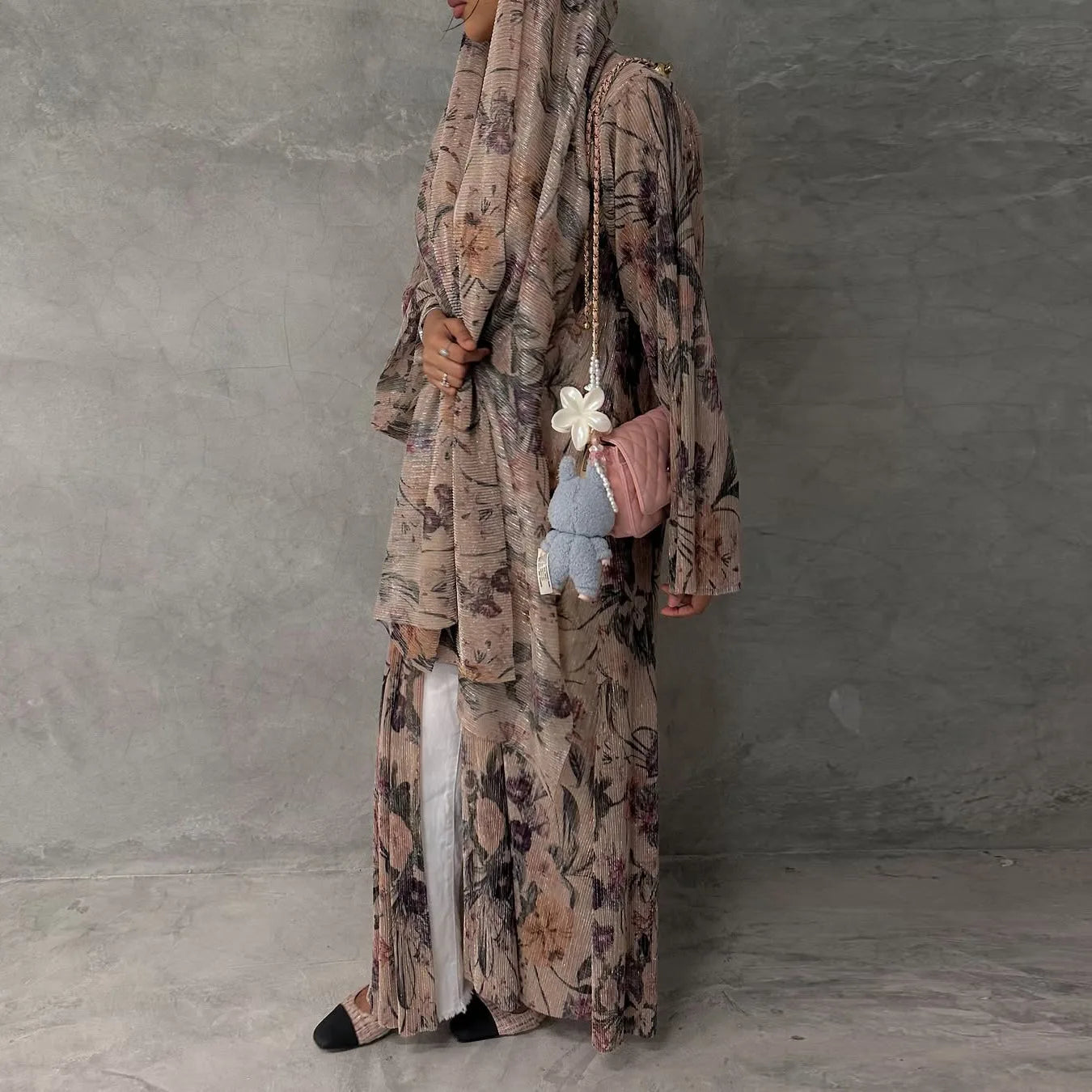 Luxury Dubai Women's Abaya Hijab Included Muslim Elegant Floral Print Pleated Open Long Sleeve Cardigan Caftan