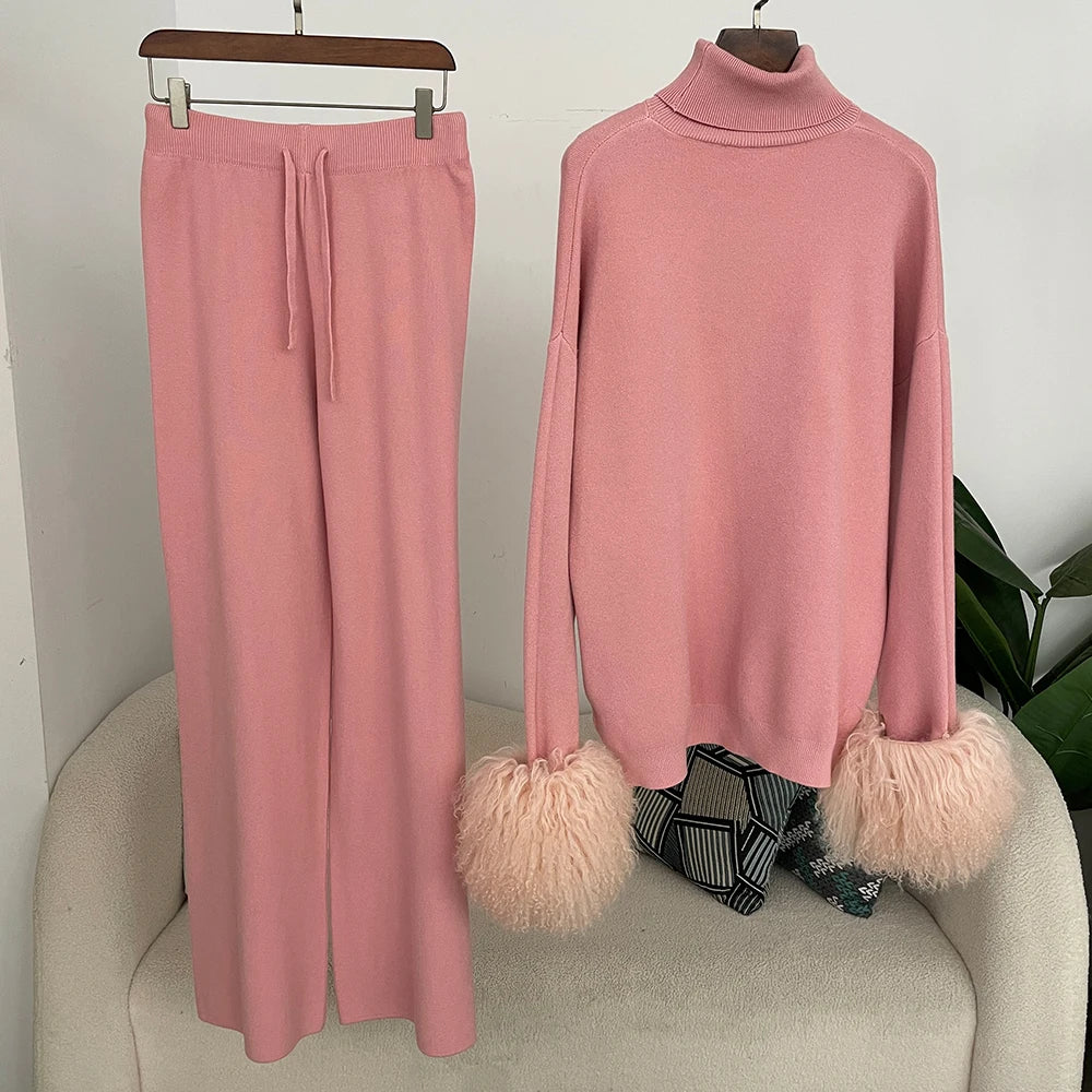 Ensemble pull et pantalon tricotés en laine et mélange pour femme, avec poignets en vraie fourrure de mouton mongole, costume tricoté de haute qualité 2025