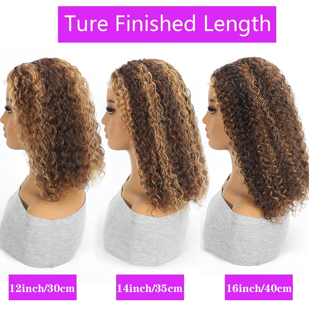 Short curly bob wig with 4/27 honey blonde highlights, 100% human hair, 13x4 lace front, deep wave, for women, virgin human hair