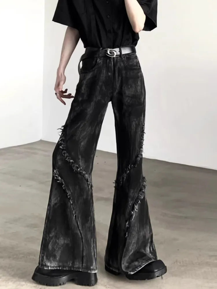 Jean Délavé Noir pour Homme, Streetwear, Baggy, Empilé, Évasé, Vintage, Années 90, 2025