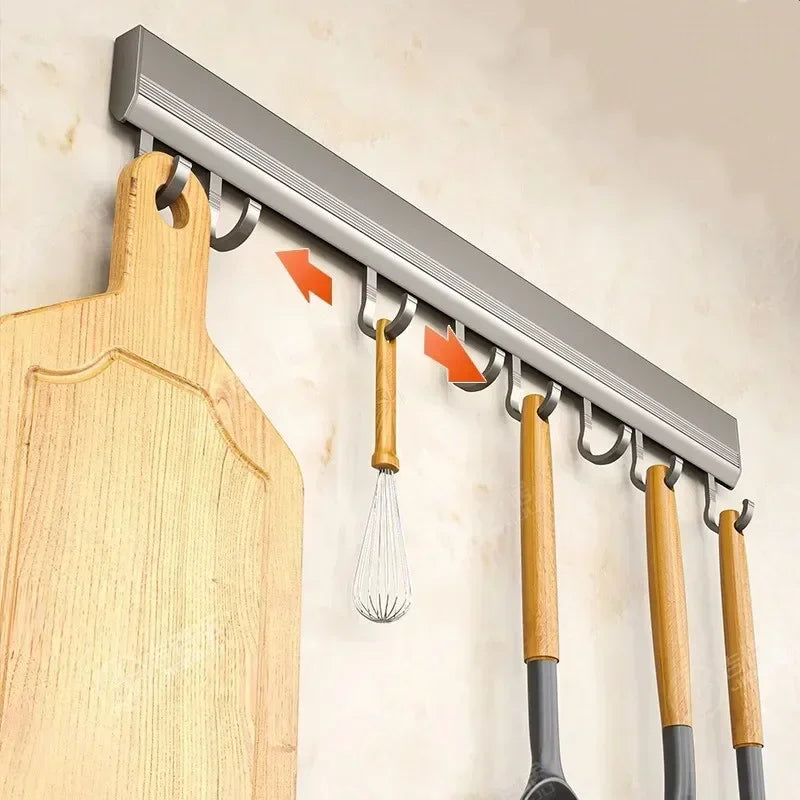 Crochet de cuisine mural, support de rangement de cuisine, support de crochet de rangée, étagères sans poinçonnage avec crochet mobile, ustensile de cuisine