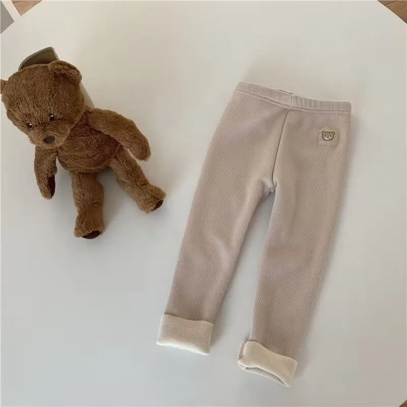 Girls' fleece-lined leggings, warm winter stretch pants with bear patch, soft pants for children aged 1-6 years