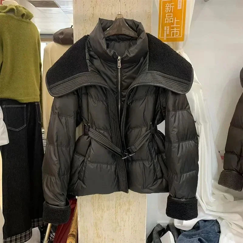 Women's Double-Layer Collar Parka Jacket, Cotton Padded Coat, European Style, Long Sleeves, Puff Outerwear, 2025