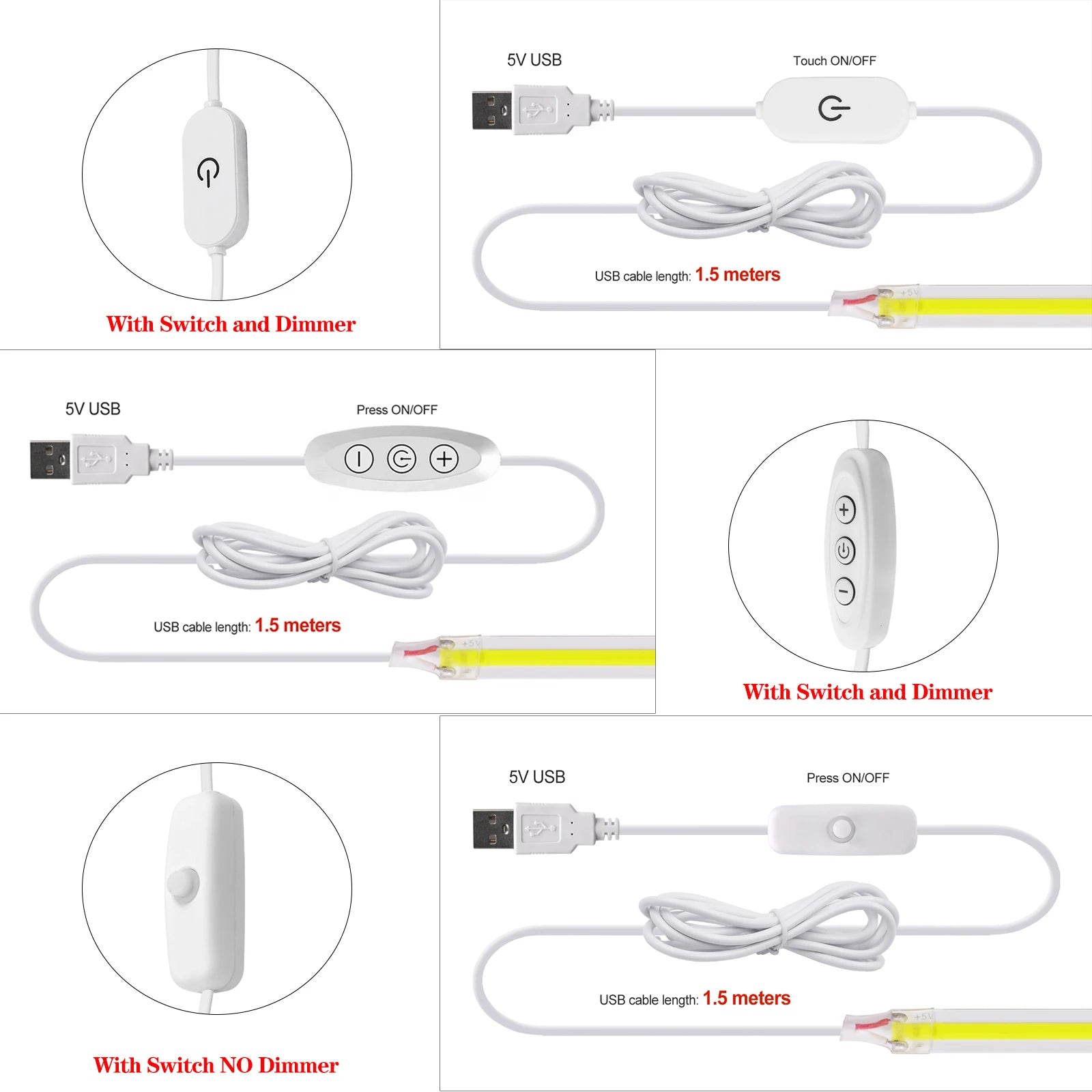 5V USB LED Strip Light, 320 LEDs/M COB, Dimmable Touch Sensor Switch/Push Switch, DIY, TV Mirror, Backlighting, Night Light for Room
