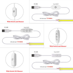 5V USB LED Strip Light, 320 LEDs/M COB, Dimmable Touch Sensor Switch/Push Switch, DIY, TV Mirror, Backlighting, Night Light for Room