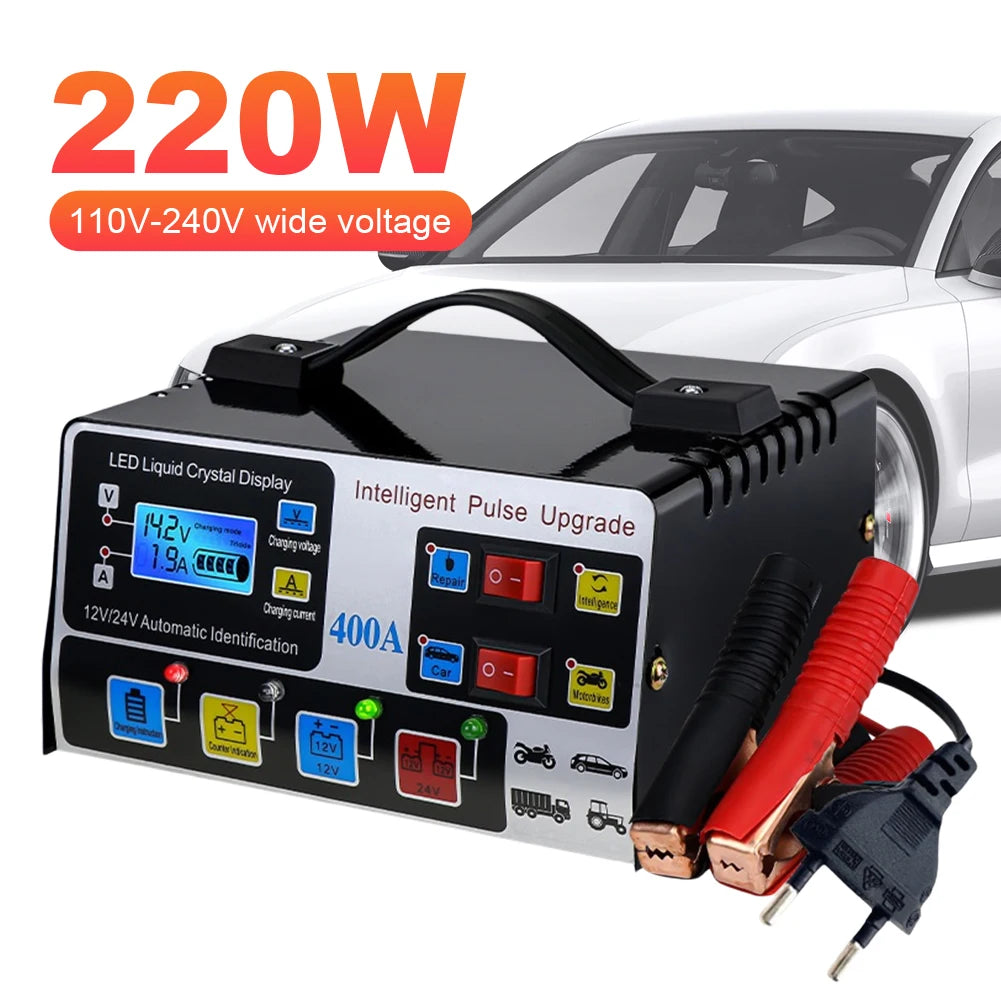 High-power car battery charger, fast charger, intelligent pulse repair, automatic shut-off, 400A, 12V, 24V, 220W