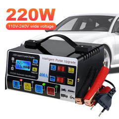 High-power car battery charger, fast charger, intelligent pulse repair, automatic shut-off, 400A, 12V, 24V, 220W