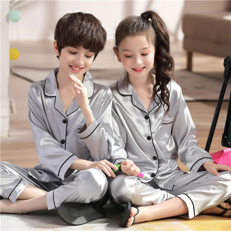 Vêtements pour enfants adolescente rose Satin Pyjamas à manches longues enfants Homewear vêtements garçons solide chemise de nuit soie Pijamas bébé Pjs
