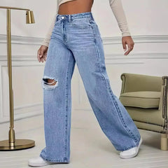 Pantalon en Denim à jambes larges pour femmes, ample, taille haute, trou de personnalité délavé, nouvelle mode classique décontractée, longueur au sol, quatre saisons