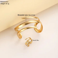 Women's Jewelry Set, European and American Thick Bracelet, Gold Color, Geometric Line, Ring Combination Set