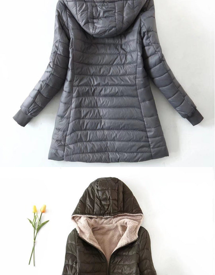 Women's Korean-style mid-length hooded cotton coat, warm lambswool coat and velvet jacket, new autumn and winter 2023 collection