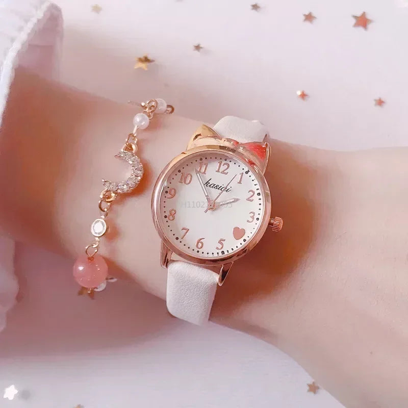 Nouvelle mode enfants amour cadran numérique enfants montre ensemble bracelet en cuir montres à Quartz enfant filles horloge enfants cadeau montre (sans boîte)