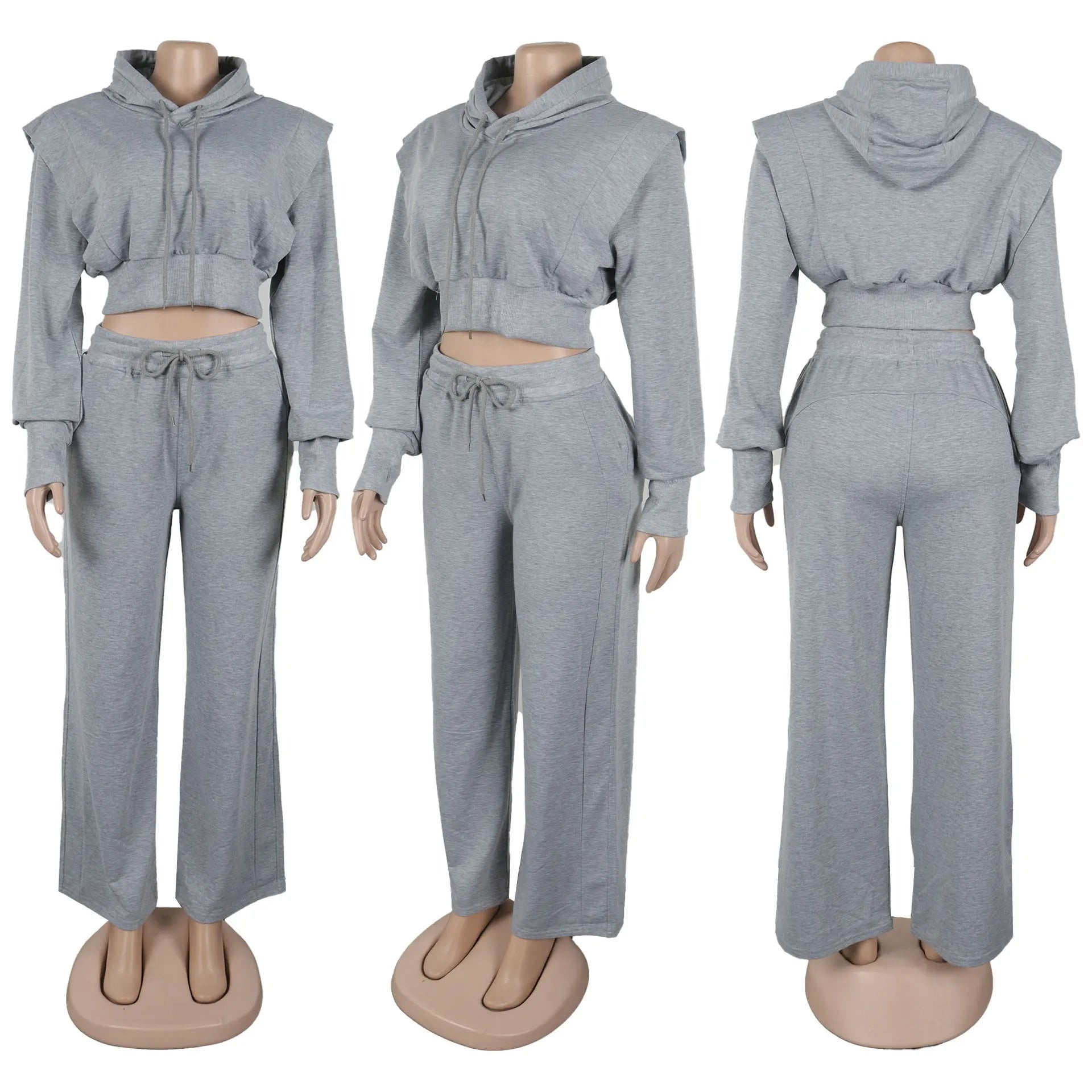 HLJ-Ensemble Deux Pièces Gris Décontracté pour Femme, Haut Court à Manches sulf, Pantalon à Jambes Larges, Survêtement Féminin