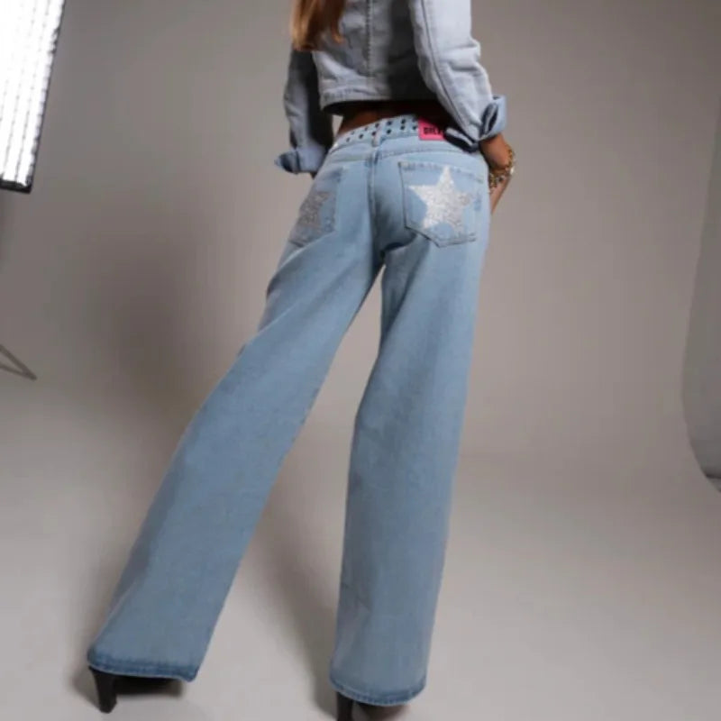 Y2K Vintage jean Flash argent étoile motif métal Rivet jean femme Baggy décontracté jambe droite Denim pantalon Simple femmes vêtements