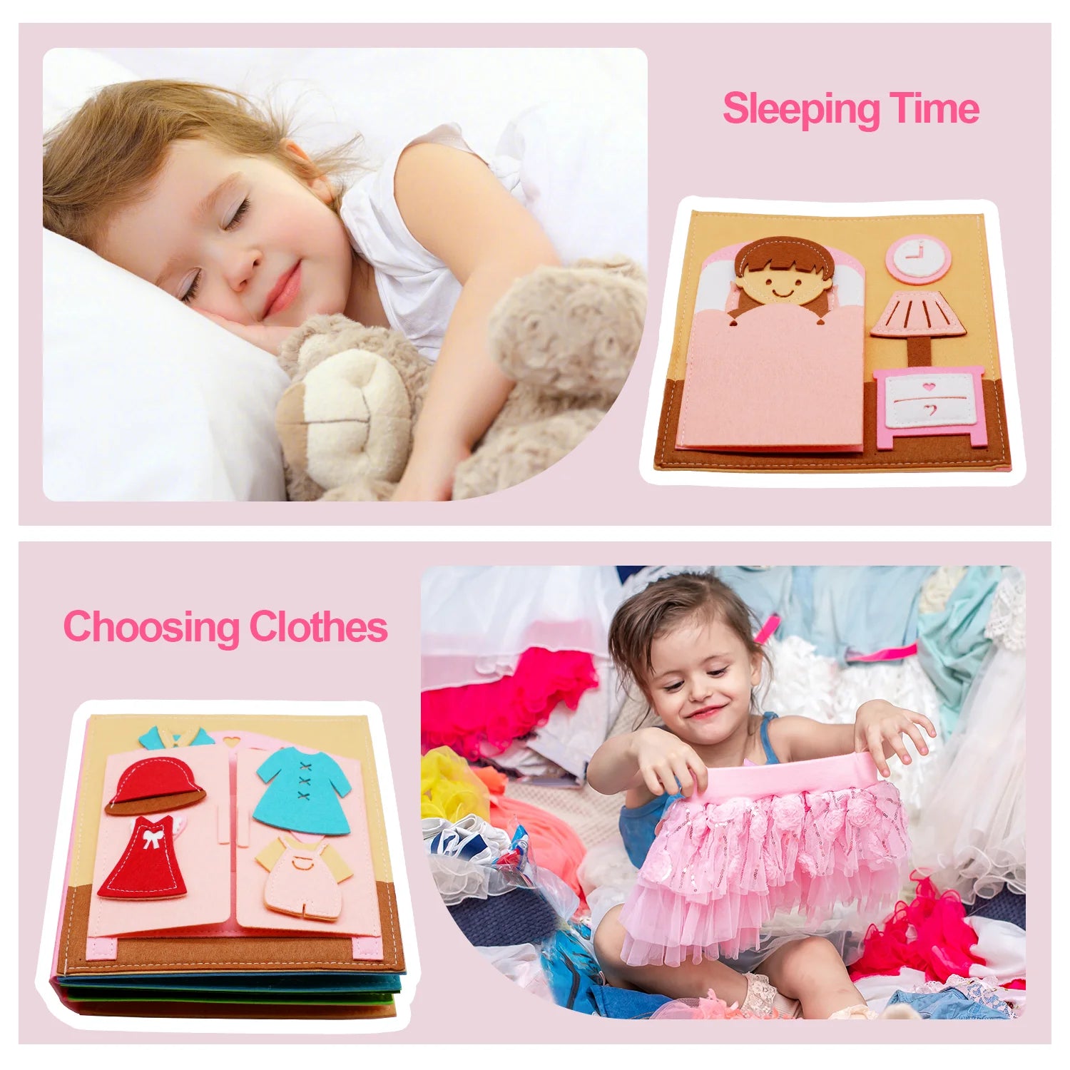 Livres silencieux Montessori pour les tout-petits, livre d'activités douces, livre en tissu feutré, jouet de voyage sensoriel avec activités d'apprentissage