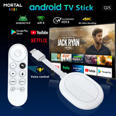 Clé TV intelligente Android 14 Allwinner H313 Mortal Q2S Chromecast Télécommande vocale WiFi 6 4K à 60 ips WiFi 6 Bluetooth 2 Go 8 Go 16 Go Streaming