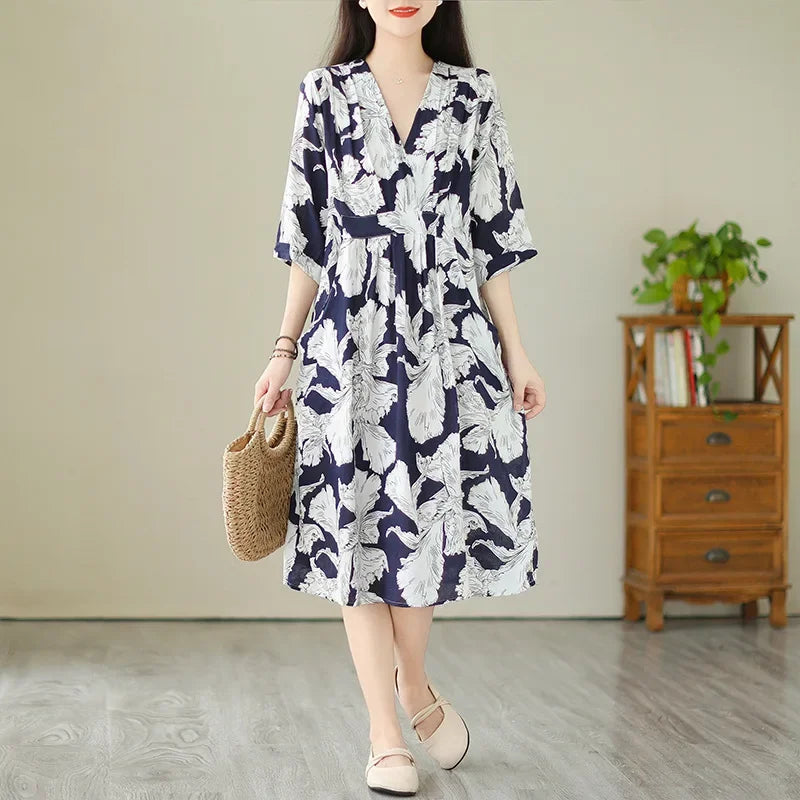 Robe mi-longue amincissante pour femmes, grande taille, imprimé Vintage, ceinture, taille ample, nouveau Style, longueur aux genoux, col en v, Fiber de Polyester, été