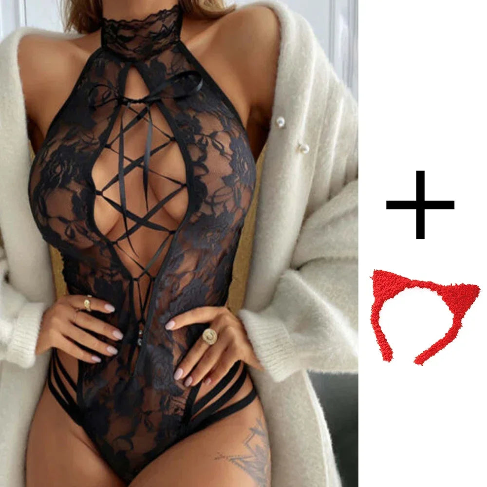 Costume de Lingerie Sexy chaude Nuisette Porno fantaisie Lingerie body Porno robe de poupée Lingerie érotique pour femmes dentelle soutien-gorge ouvert