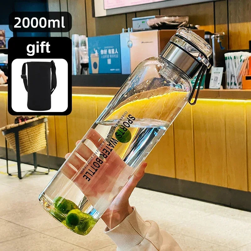 Bouteille d'eau en verre de grande capacité 2L, tasse transparente pour jus de lait, verres portables étanches pour l'extérieur, bouteille d'eau et de thé en verre 2L