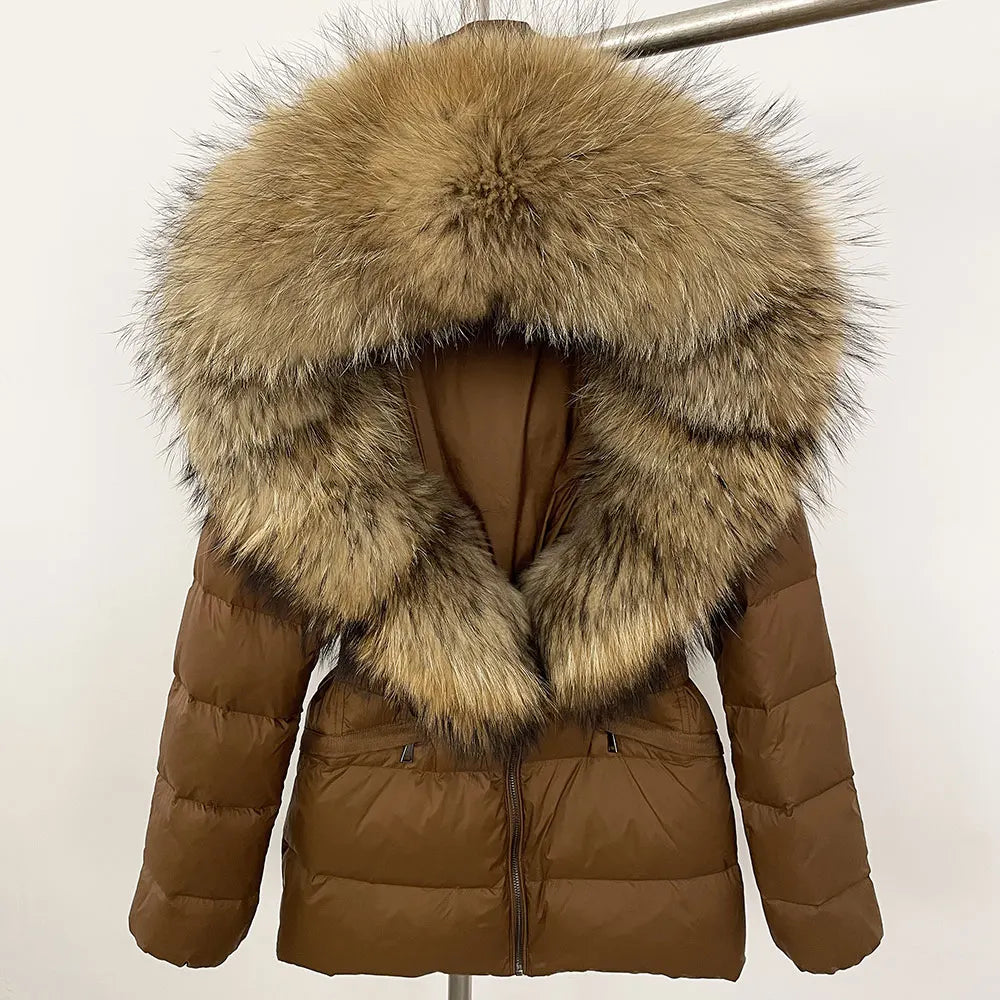 OFTBUY 2024 Women's Winter Jacket, Natural Real Raccoon Fox Fur Collar, Hooded White Duck Down Coat, Belted Thick Warm Casual Outerwear