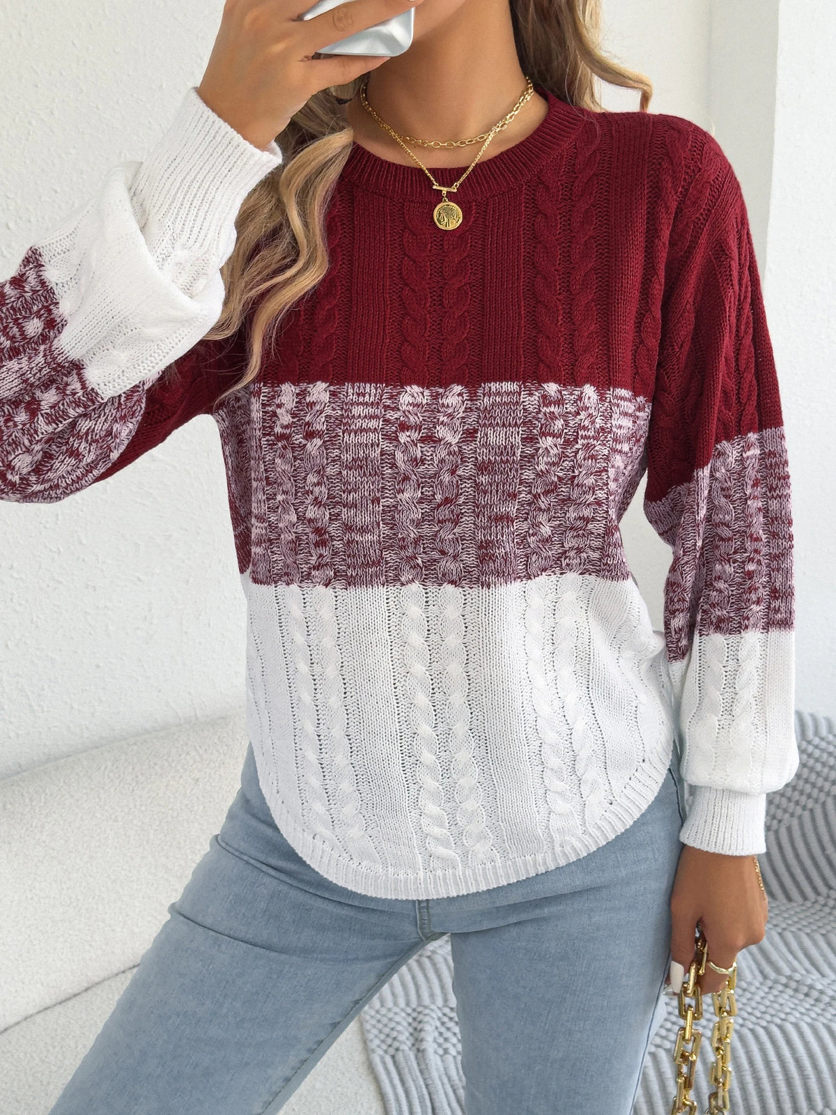 Femme décontracté couleur bloc rayé pull col rond lanterne à manches longues torsion tricoté hauts pour 2025 automne hiver femmes vêtements